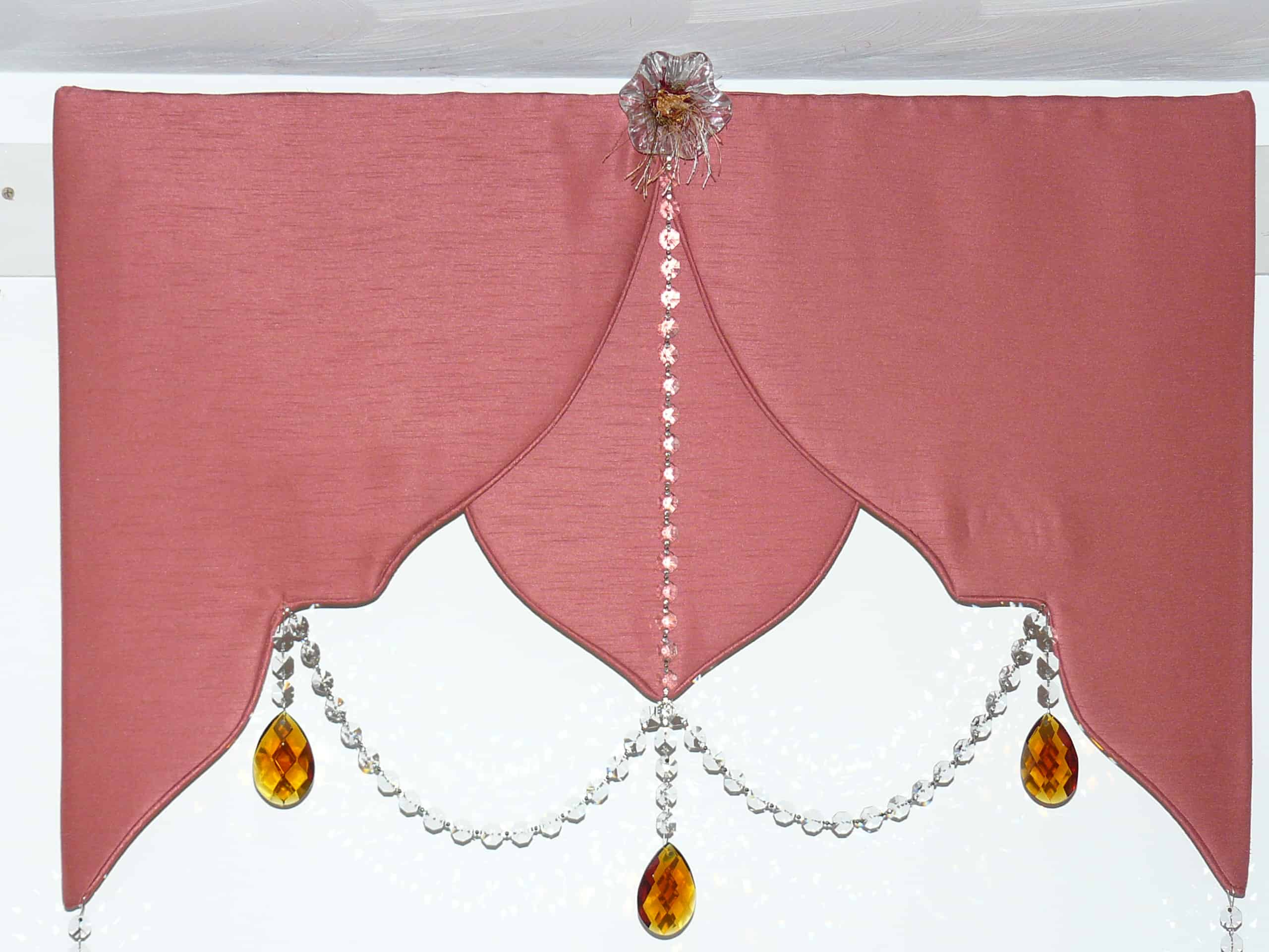 A client saw this window valance example in my studio. When she saw the amber colored crystal drops, she knew she had to have this custom valance style in her home.