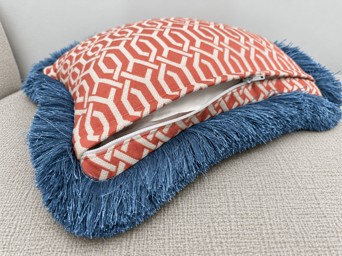 Lapped zipper pillow with denim fringe Lapped zipper pillow with denim fringe