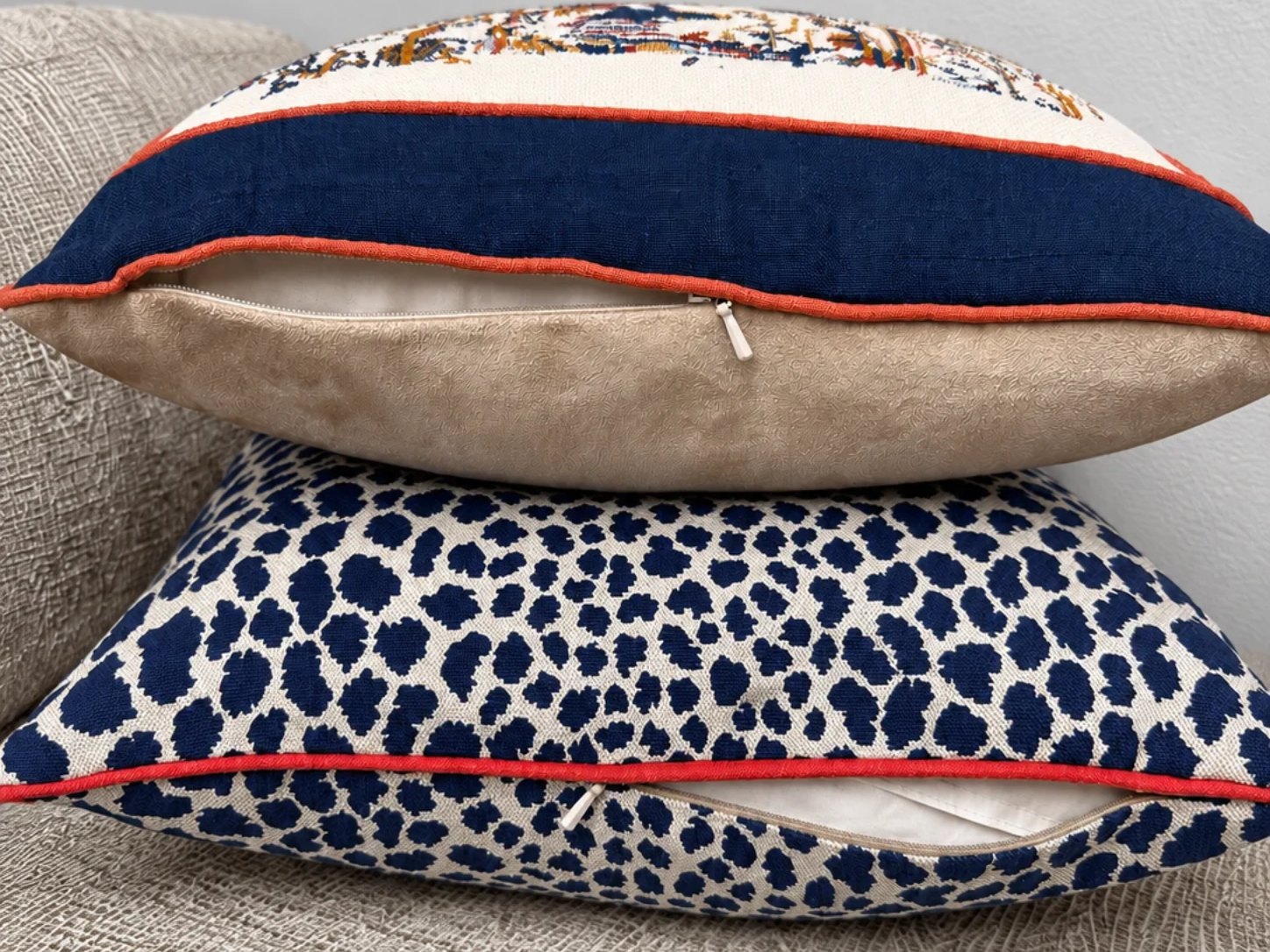 Navy coral pillows with visible zippers 3 4 vertical Navy coral pillows with visible zippers 3 4 vertical