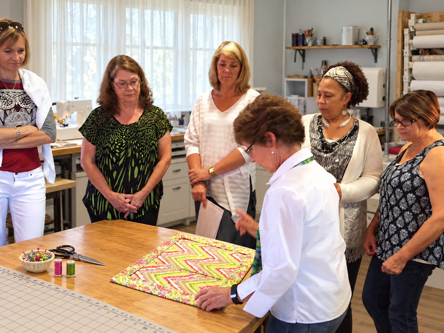 Six women sewing in a bright workroom Six women sewing in a bright workroom