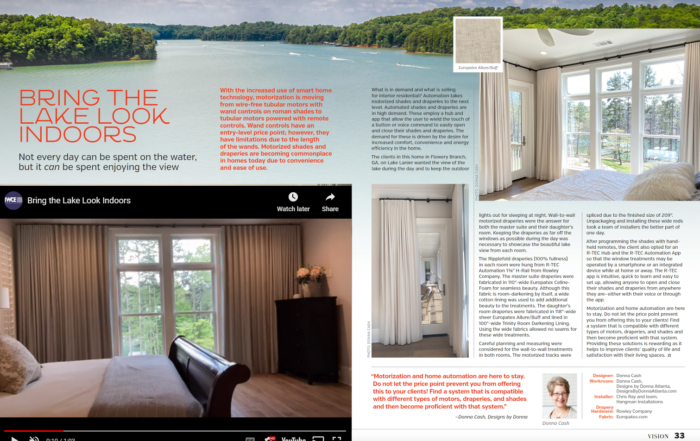 Magazine spread featuring “The Lake Look,” showcasing motorized draperies by Donna Cash of Designs by Donna Atlanta. The article highlights smart home automation for lakefront homes with views of Lake Lanier, blending elegant interiors with outdoor scenery.